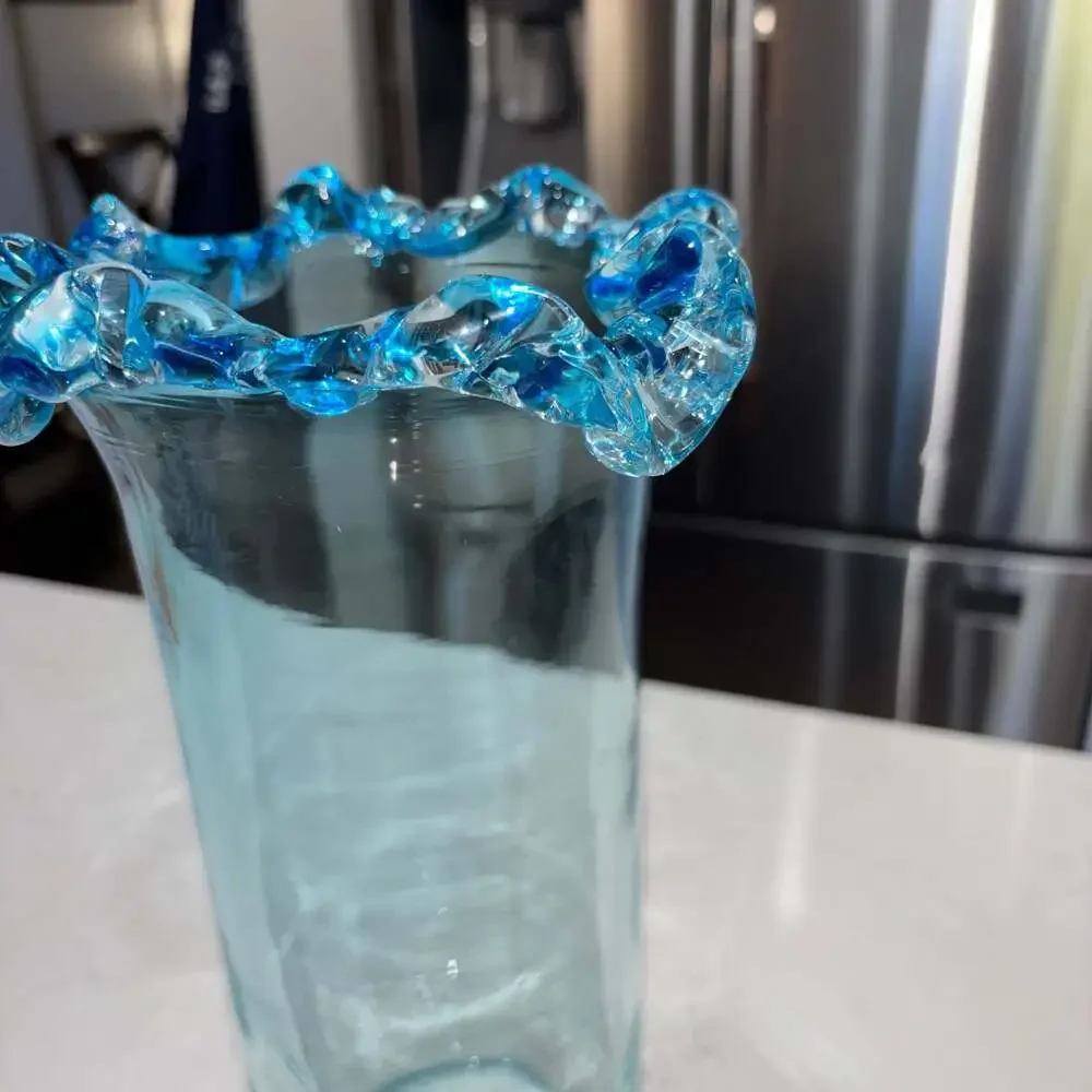 Vintage Hand Blown Ruffled Ocean Blue Crest Vase 12”